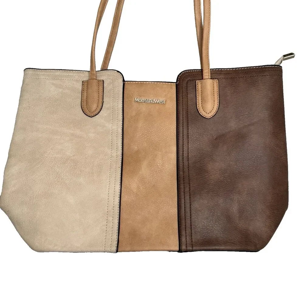 Montana West Tri-Color Cream Tan Brown Tote Vegan Leather Purse Zip Close Studde